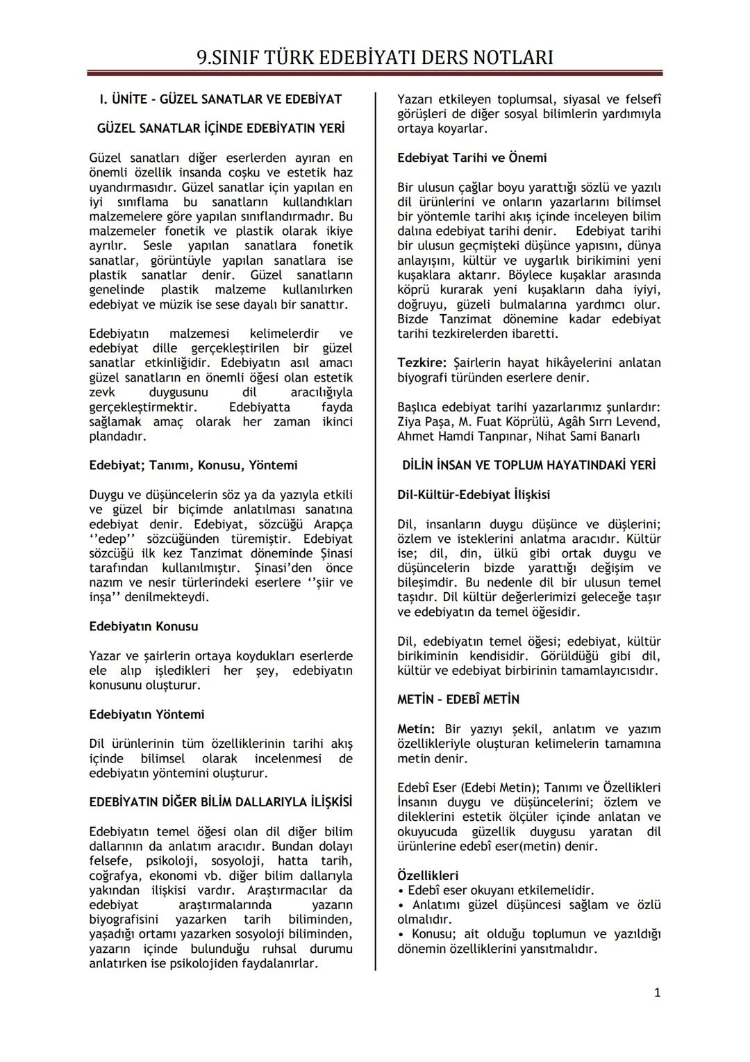 9.SINIF TÜRK EDEBİYATI DERS NOTLARI
I. ÜNİTE - GÜZEL SANATLAR VE EDEBİYAT
GÜZEL SANATLAR İÇİNDE EDEBİYATIN YERİ
Güzel sanatları diğer ese