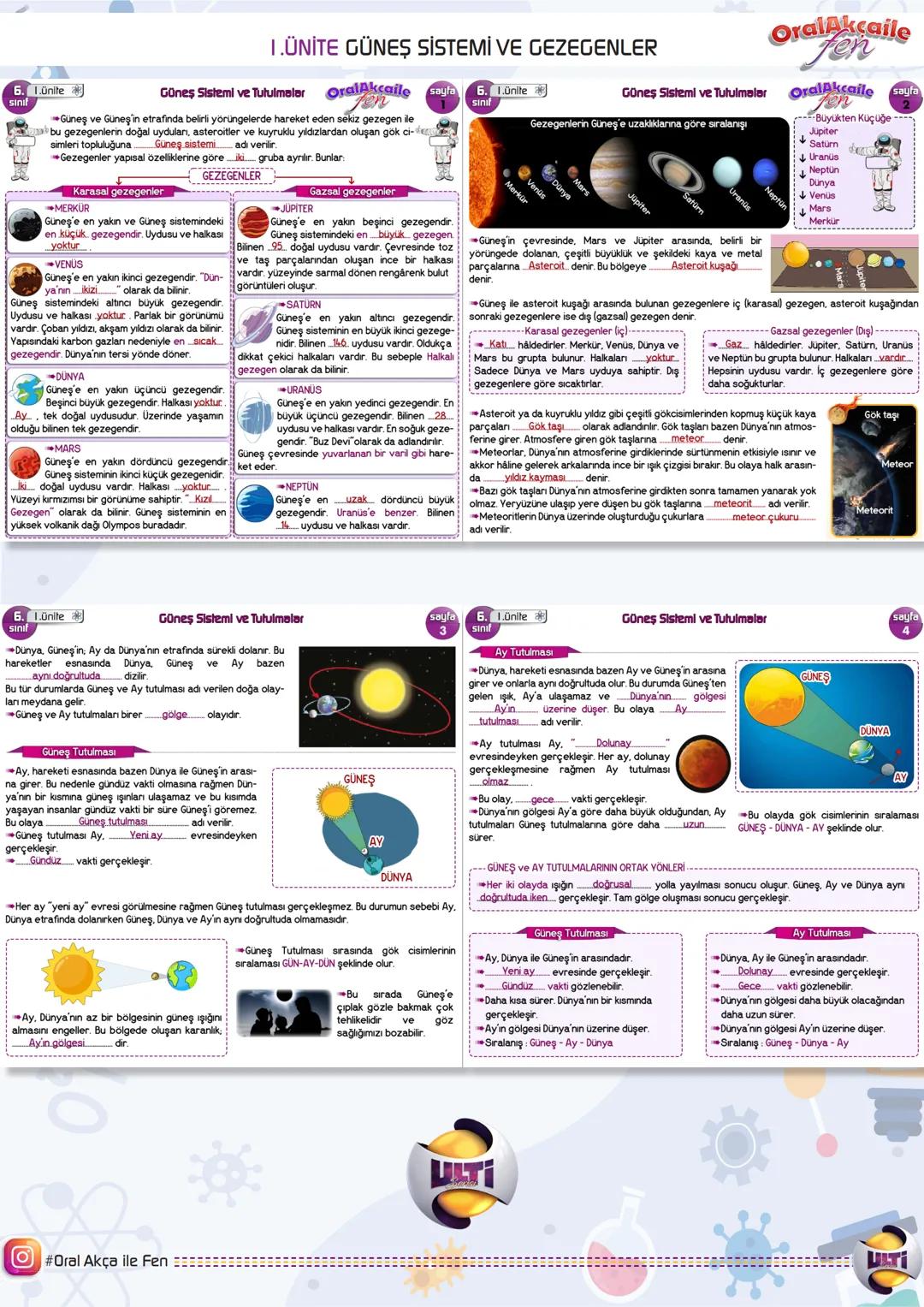 6.SINIF
FEN BİLİMLERİ
OralAKÇA'nın notları ile
KASIM
ARA
TEKRAR 6. Lünite
# 1.ÜNİTE GÜNEŞ SİSTEMİ VE GEZEGENLER
Güneş Sistemi ve Tutulmala
