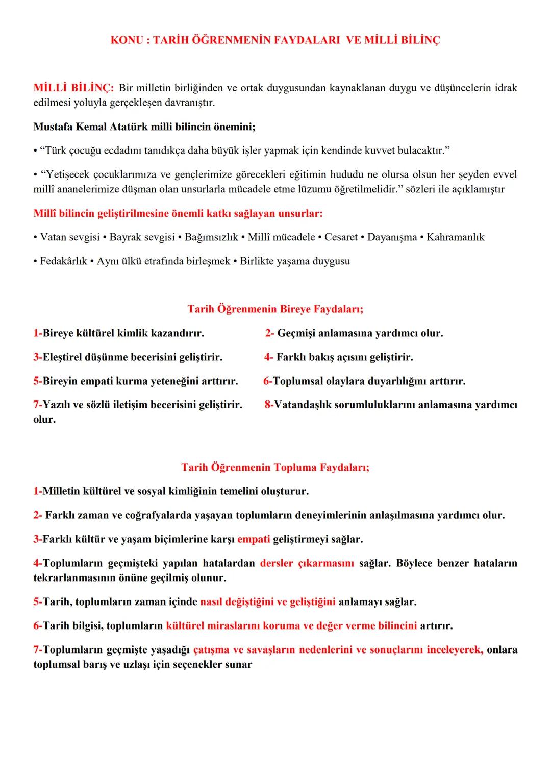 # KONU: TARİH ÖĞRENMENİN FAYDALARI VE MİLLİ BİLİNÇ
MİLLİ BİLİNÇ: Bir milletin birliğinden ve ortak duygusundan kaynaklanan duygu ve düşünce
