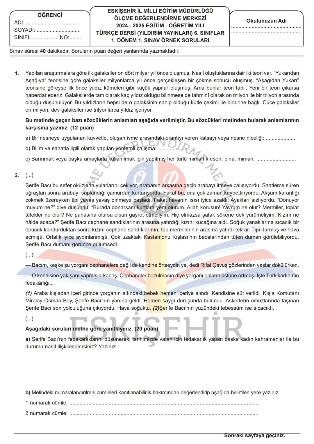 6. Sınıf Türkçe 1. Dönem 1. Yazılı Soruları