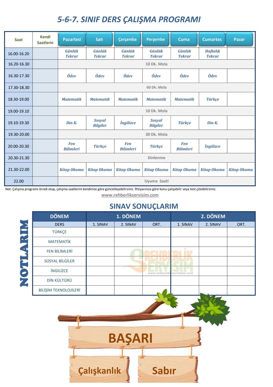 5-6-7. SINIF DERS ÇALIŞMA PROGRAMI
Saat
Kendi
Saatlerin
Pazartesi
Sali
Çarşamba
Perşembe
Cuma
Cumartes
Pazar
16.00-16.20
Günlük
Tekrar
Günlü