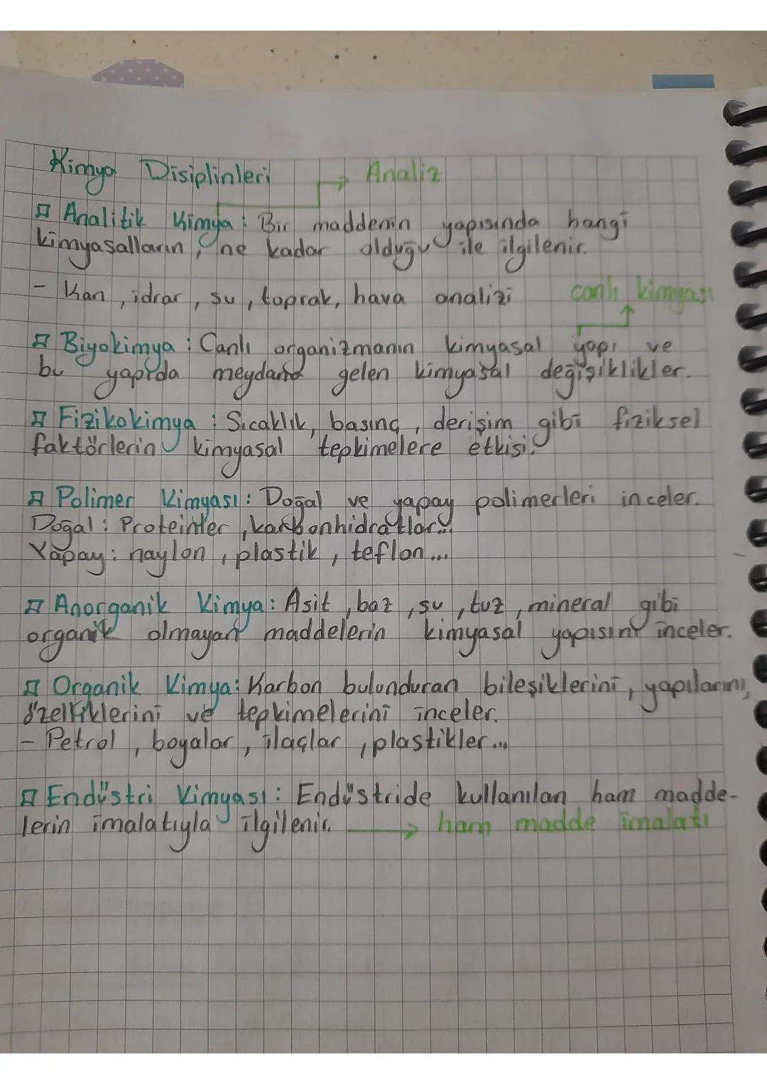 Kimya Disiplinleri
Analiz
I Analitik Kimya : Bir maddenin yapısında hangi
kimyasalların, ne kadar olduğu
-
-
ile ilgilenir.
Kan, idrar, su,