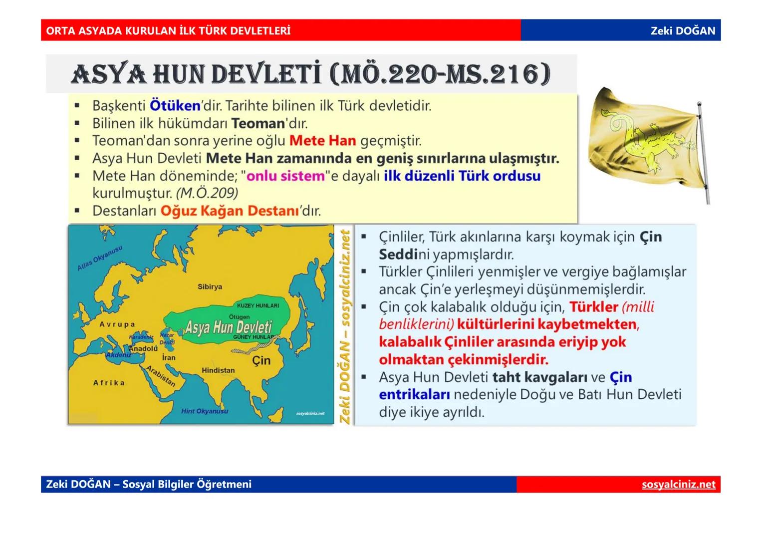 # ORTA ASYADA KURULAN İLK TÜRK DEVLETLERİ
# ASYA HUN DEVLETİ (MÖ.220-MS.216)
- Başkenti Ötüken'dir. Tarihte bilinen ilk Türk devletidir.
-