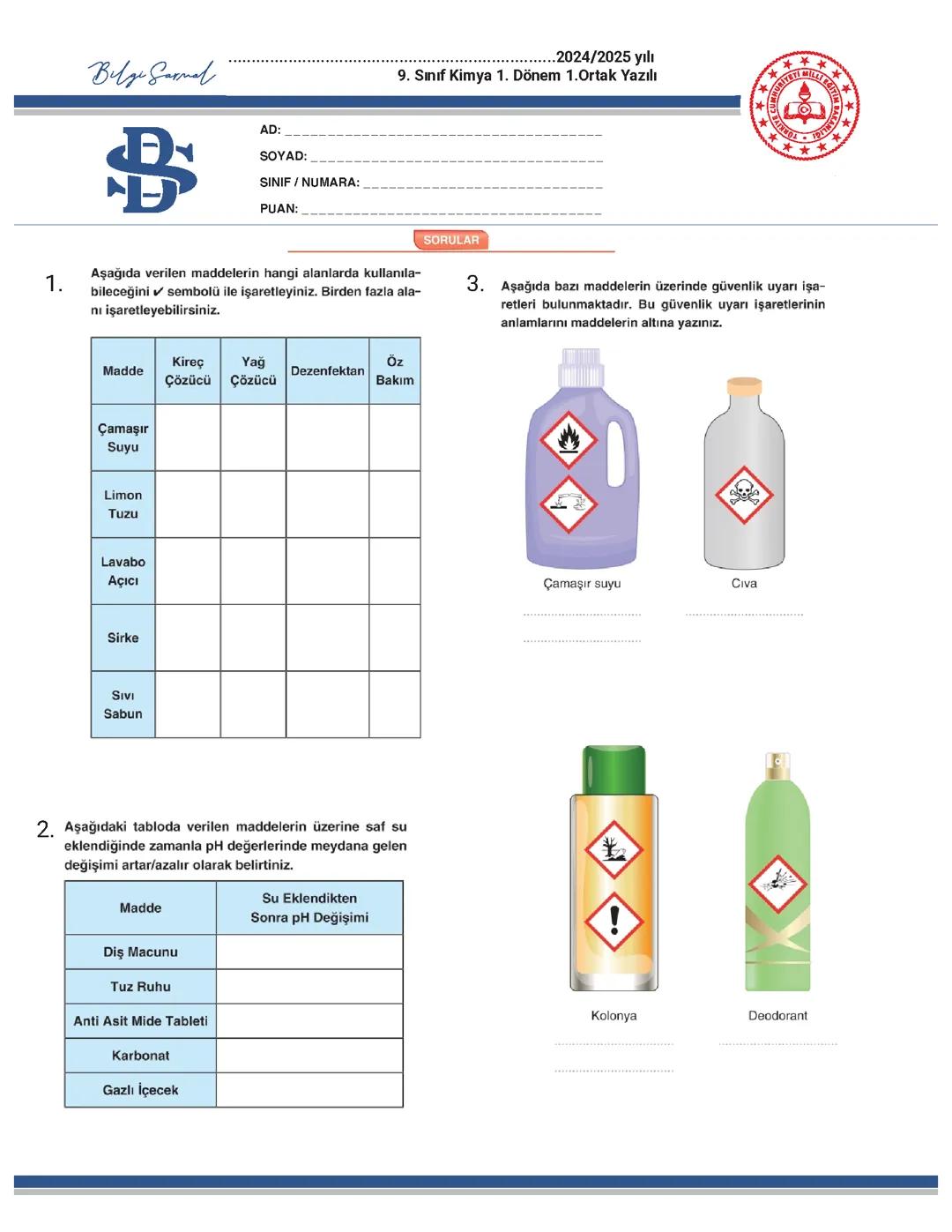9. sınıf kimya 1. dönem 1. yazılı alıştırma