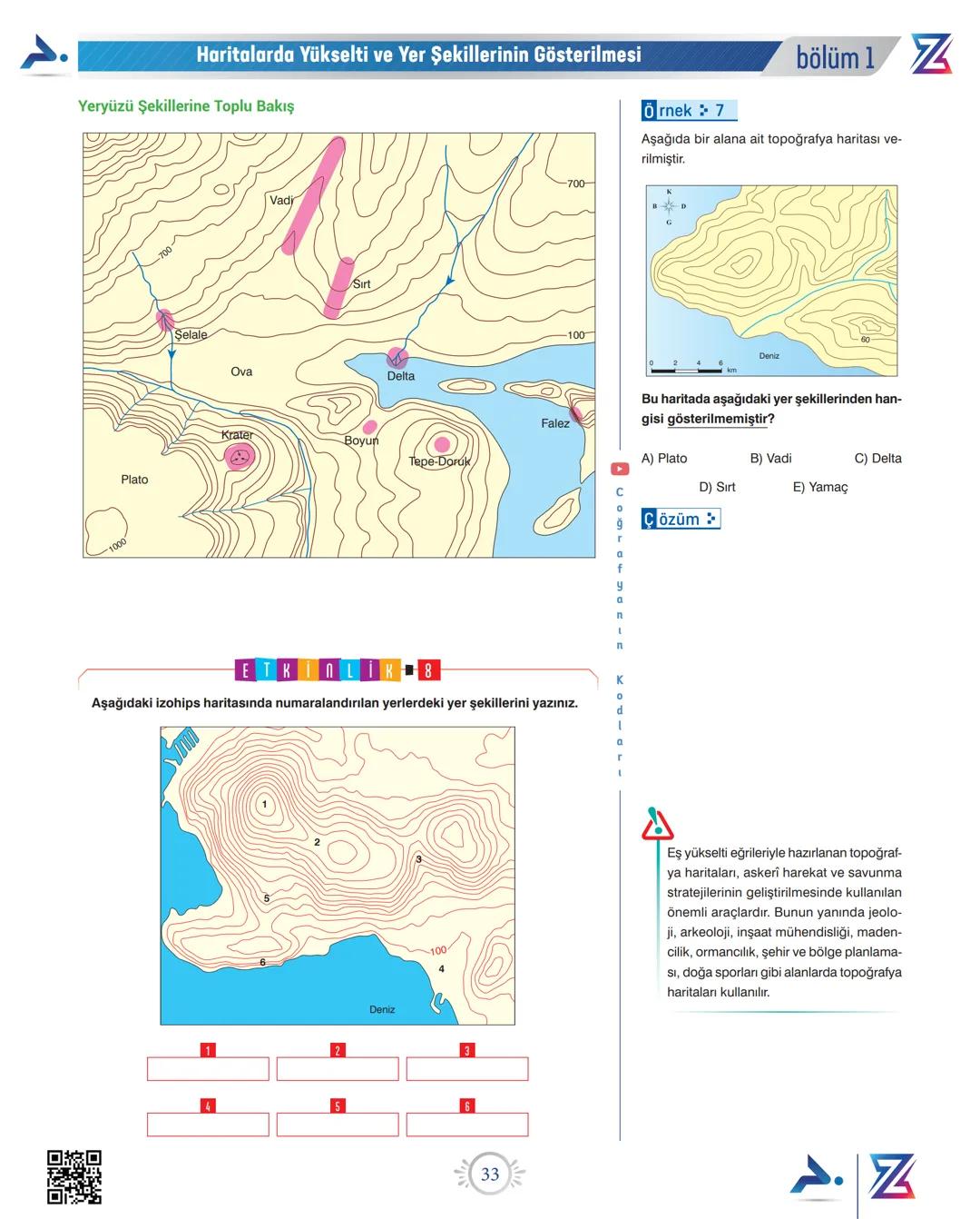 Haritalarda Yükselti ve Yer Şekillerinin Gösterilmesi
bölüm 1
N
Haritalar, coğrafi unsurların düzleme aktarılmasıyla oluşturulur. Ka-
bartma