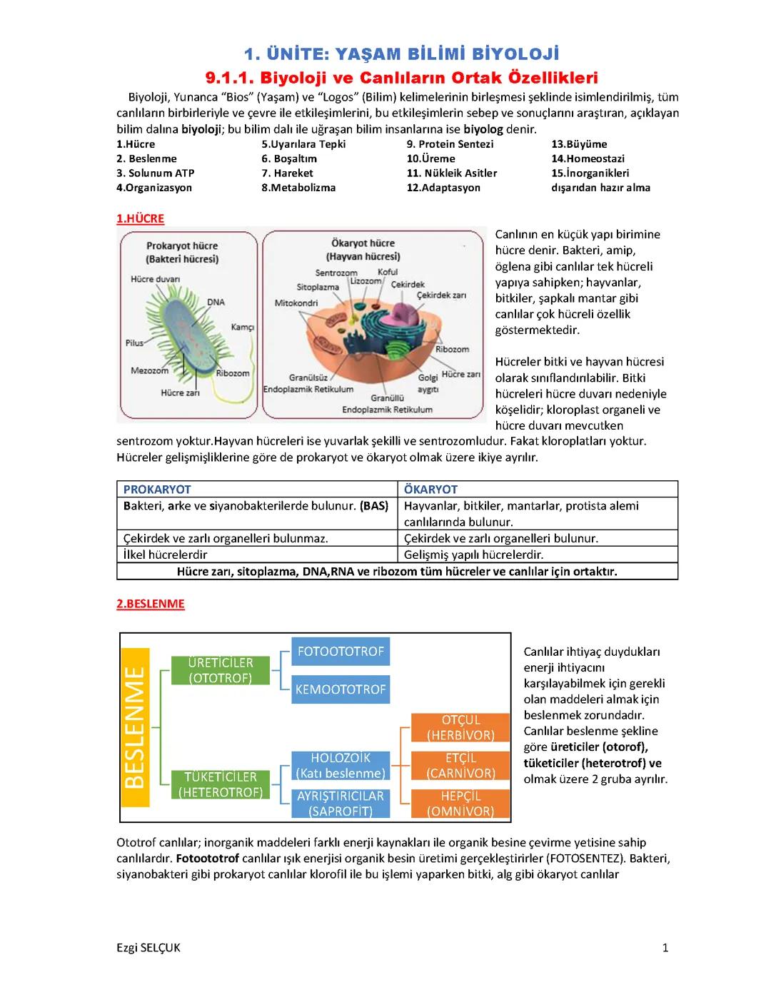 9 sınıf biyoloji ders notları