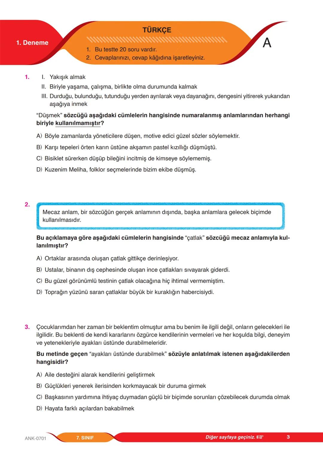 # 7.
SINIF
YENİ NESİL SORULARLA
GÜÇLENDİREN
DENEME SINAVI
A
KİTAPÇIĞI
1
T.C. KİMLİK NUMARASI
ADI VE SOYADI
SINIFI / ŞUBESİ
NUMARASI