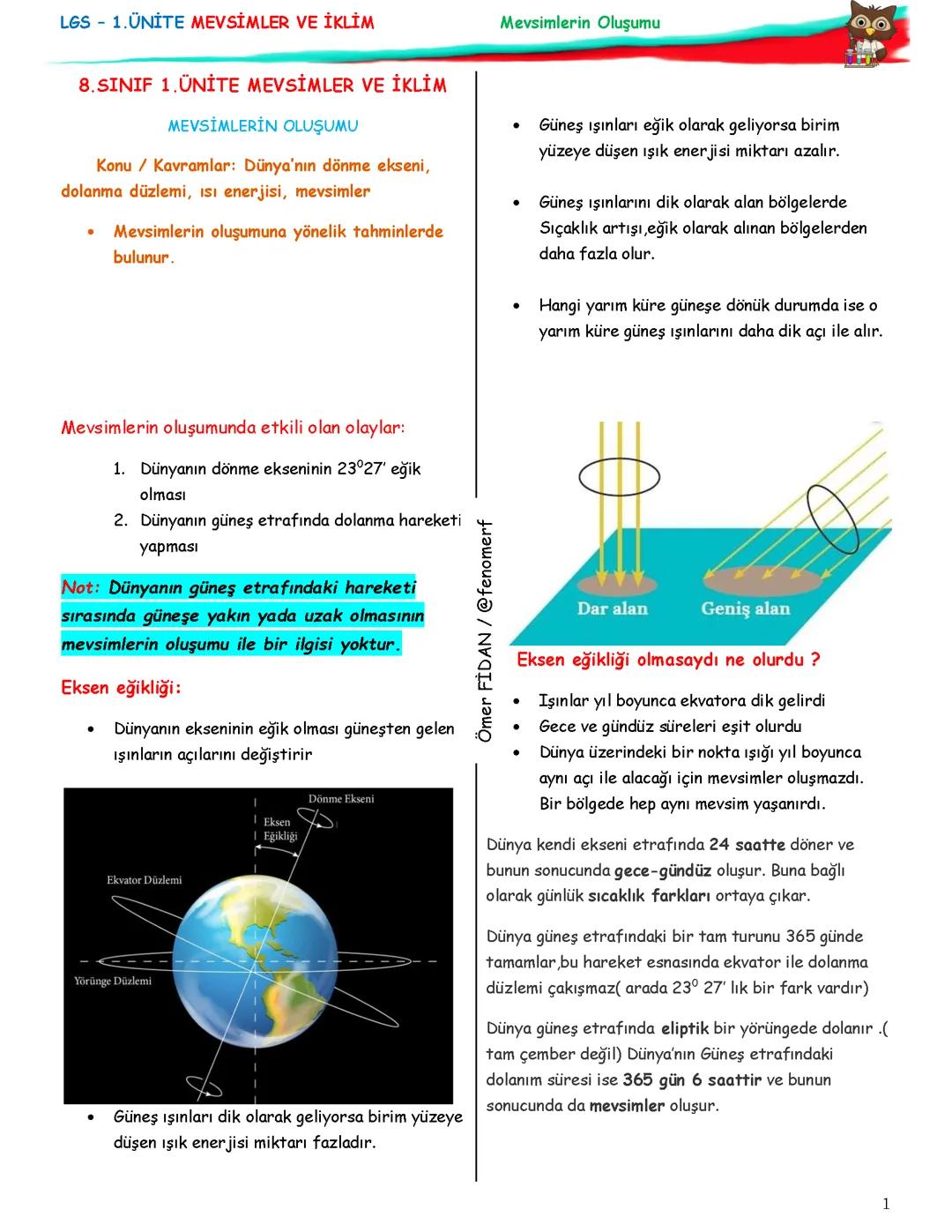 8. Sınıf Fen Mevsimler Ve İklim