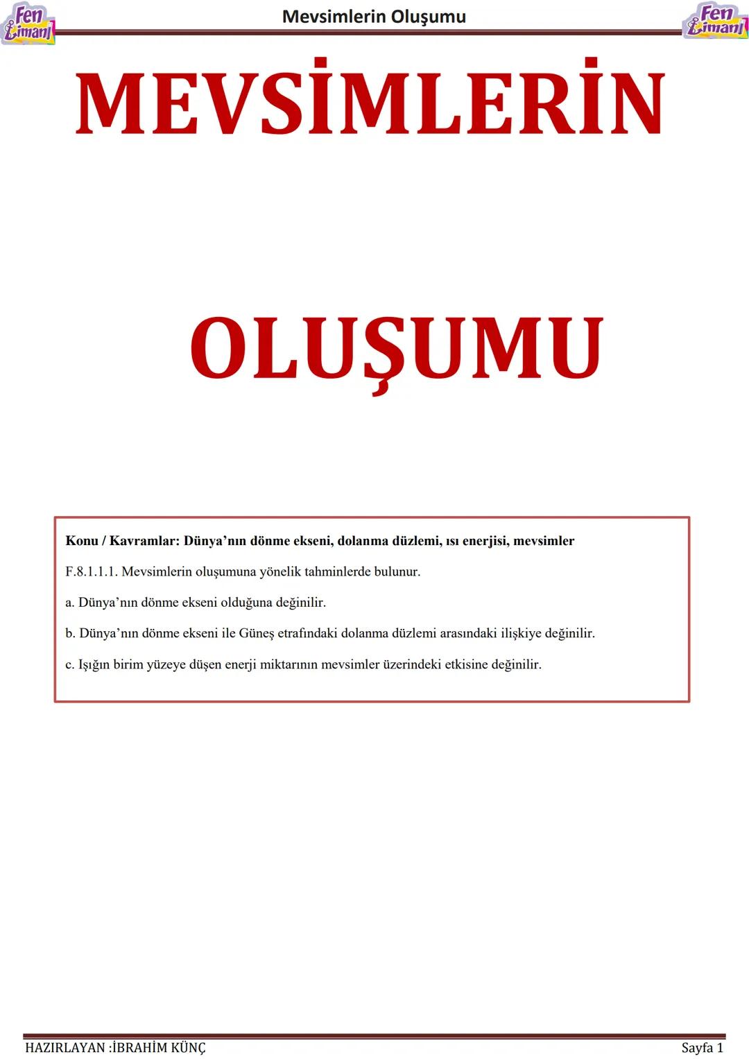 8. Sınıf Fen Mevsimlerin Oluşumu