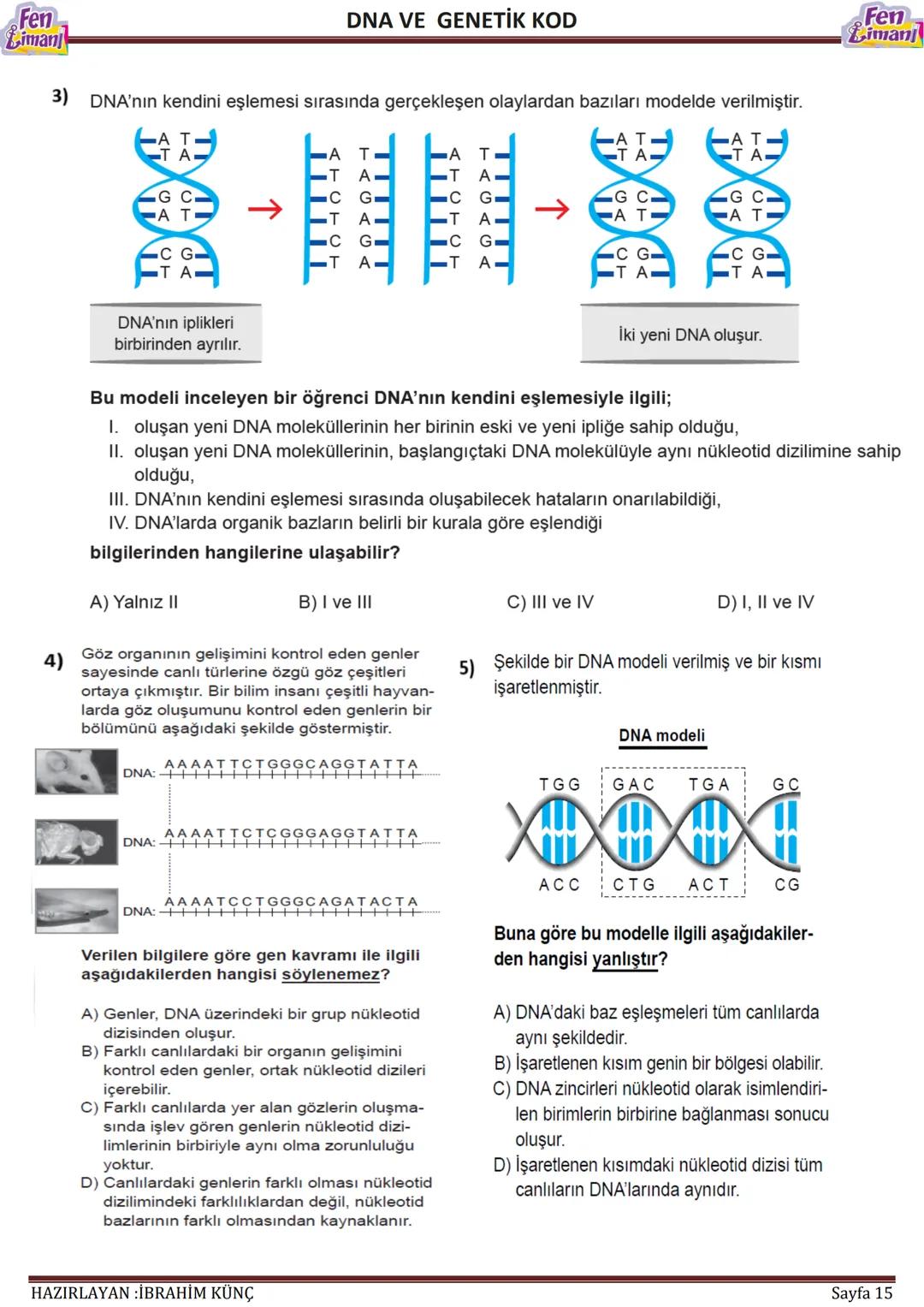 Fen
Limani
Dna ve Genetik Kod
DNA VE GENETİK
KOD
Konu / Kavramlar: DNA'nın yapısı, DNA'nın kendini eşlemesi, nükleotid, gen, kromozom
F.8.2.
