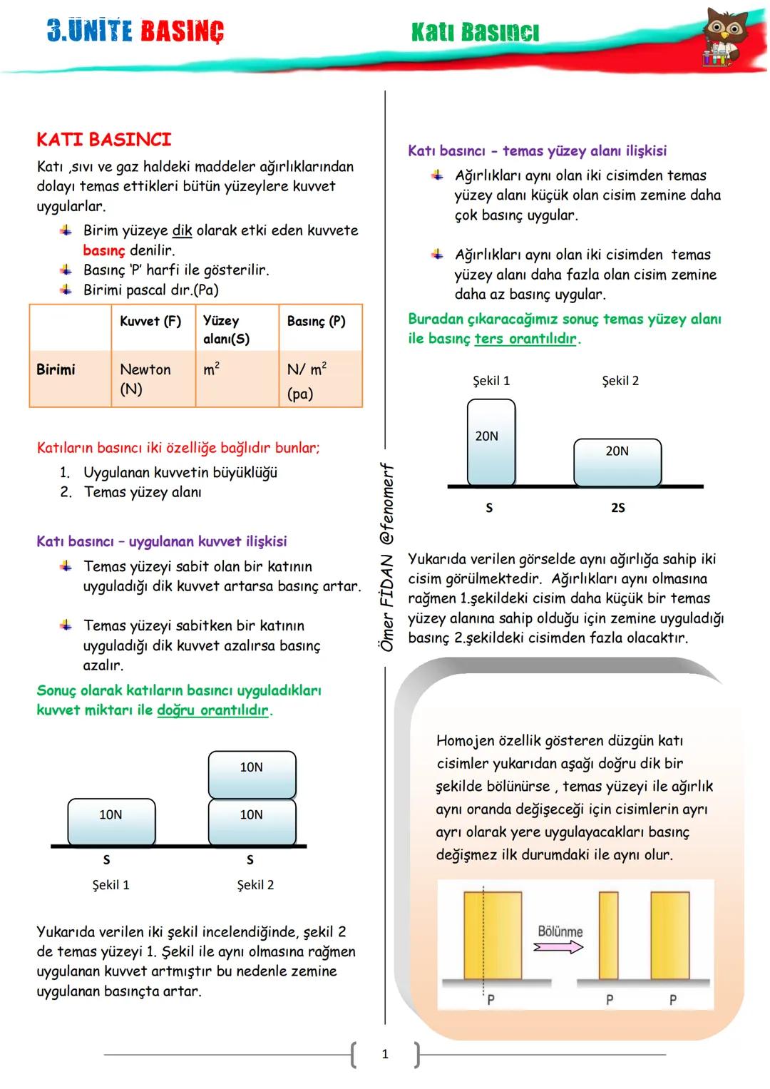 3.UNITE BASINÇ
Katı Basıncı
KATI BASINCI
Katı sıvı ve gaz haldeki maddeler ağırlıklarından
dolayı temas ettikleri bütün yüzeylere kuvvet
uyg