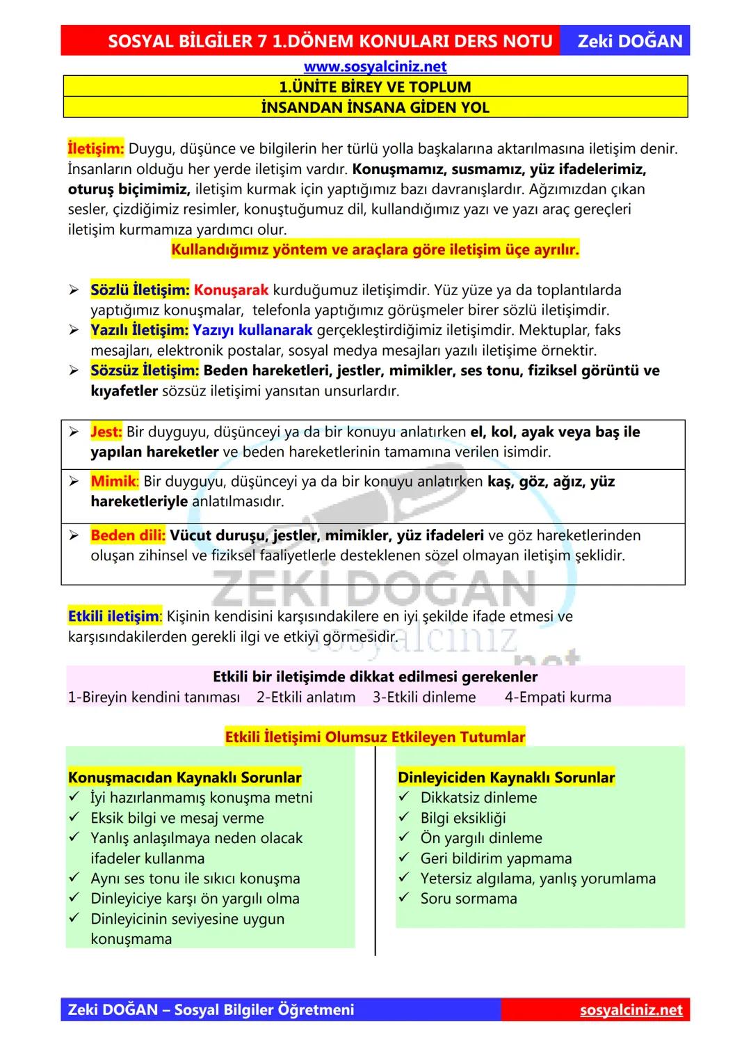 7. Sınıf Sosyal Bilgiler 1. Ünite