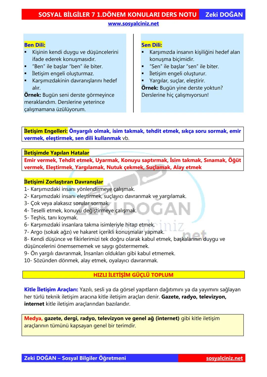 # SOSYAL BİLGİLER 7 1.DÖNEM KONULARI DERS NOTU Zeki DOĞAN
www.sosyalciniz.net
# 1.ÜNİTE BİREY VE TOPLUM
## İNSANDAN İNSANA GİDEN YOL
İleti