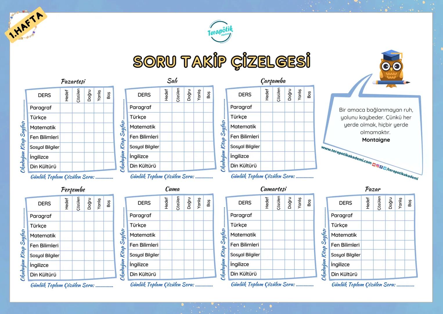 6. SINIF
Terapötik
Akademi
DERSPLANI
Pazartesi
Günlük Tekrar/Ödev
Yap
Salı
Günlük Tekrar/Ödev
Yap
Matematik
Sosyal Bilgiler
Konu Çalı
