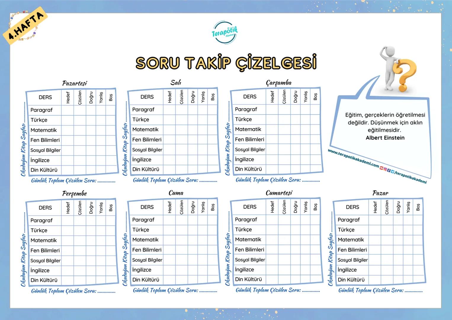 6. SINIF
Terapötik
Akademi
DERSPLANI
Pazartesi
Günlük Tekrar/Ödev
Yap
Salı
Günlük Tekrar/Ödev
Yap
Matematik
Sosyal Bilgiler
Konu Çalı