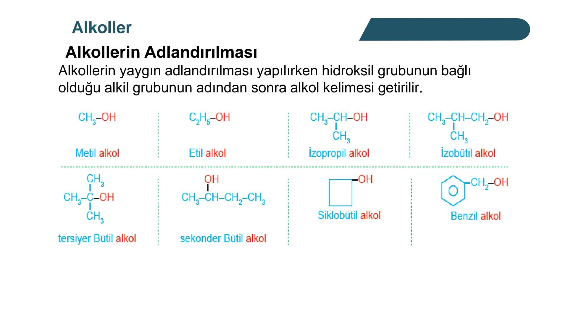 Alkoller
Alkollerin Genel Özellikleri ve Sınıflandırılması
Bir hidrokarbonda, sp³ hibritleşmesine sahip bir ya da birkaç karbon
atomuna hidr