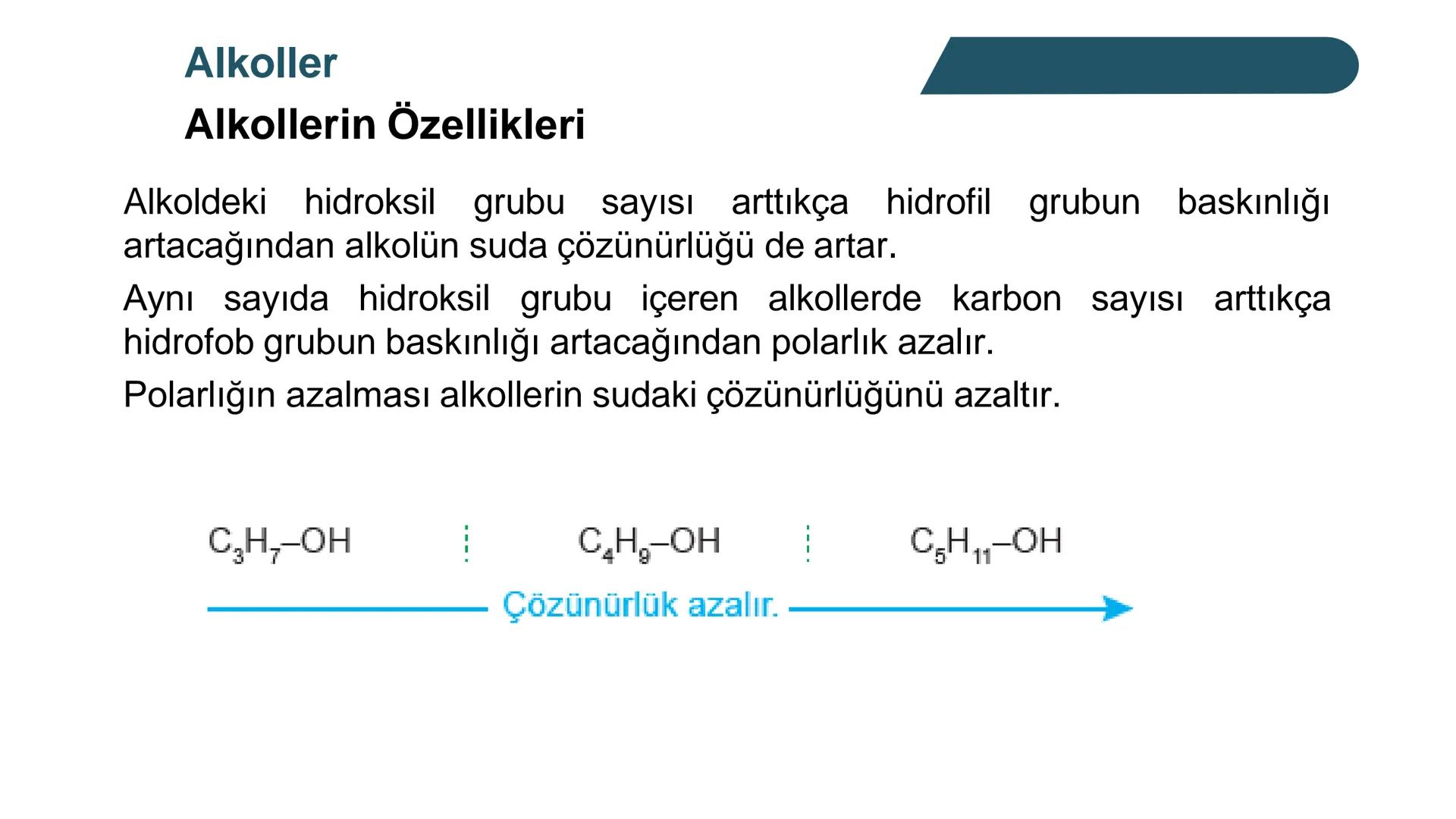 Alkoller
Alkollerin Genel Özellikleri ve Sınıflandırılması
Bir hidrokarbonda, sp³ hibritleşmesine sahip bir ya da birkaç karbon
atomuna hidr