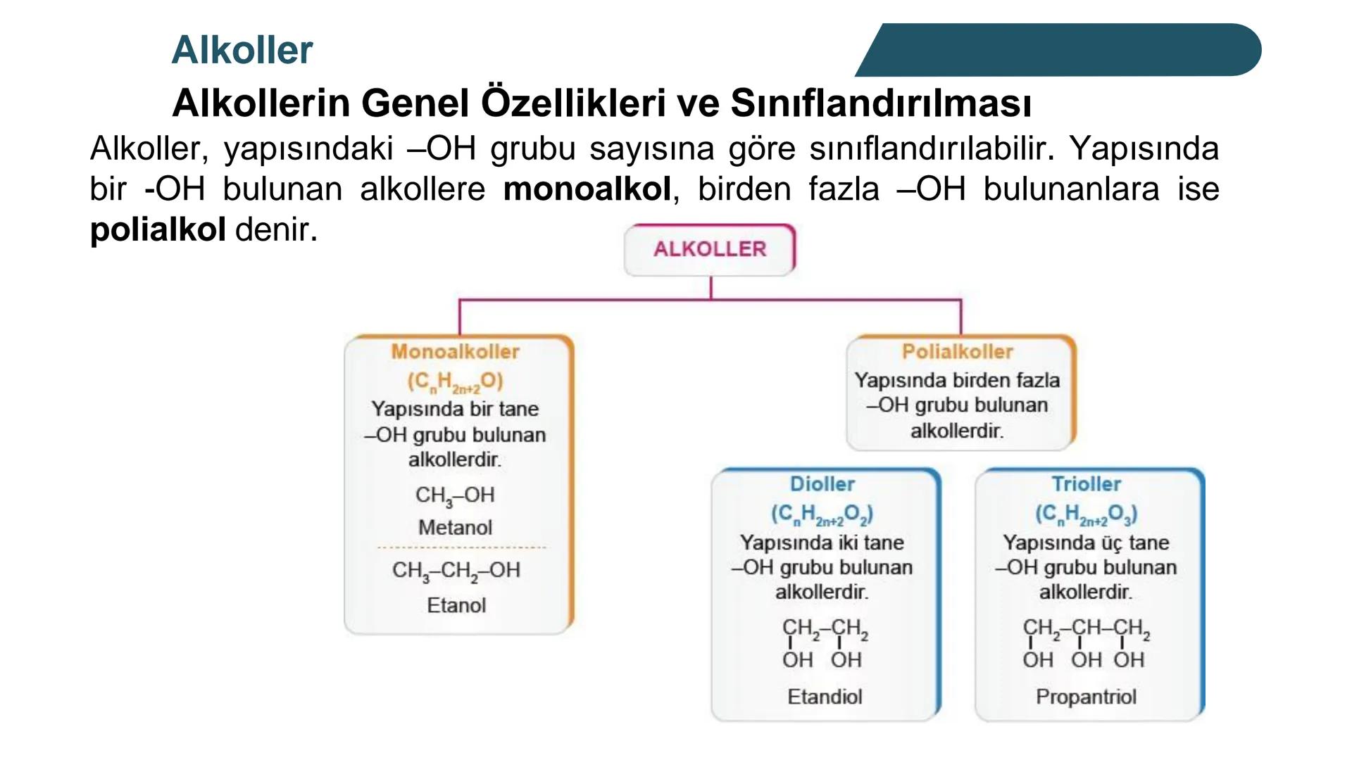 Alkoller
Alkollerin Genel Özellikleri ve Sınıflandırılması
Bir hidrokarbonda, sp³ hibritleşmesine sahip bir ya da birkaç karbon
atomuna hidr