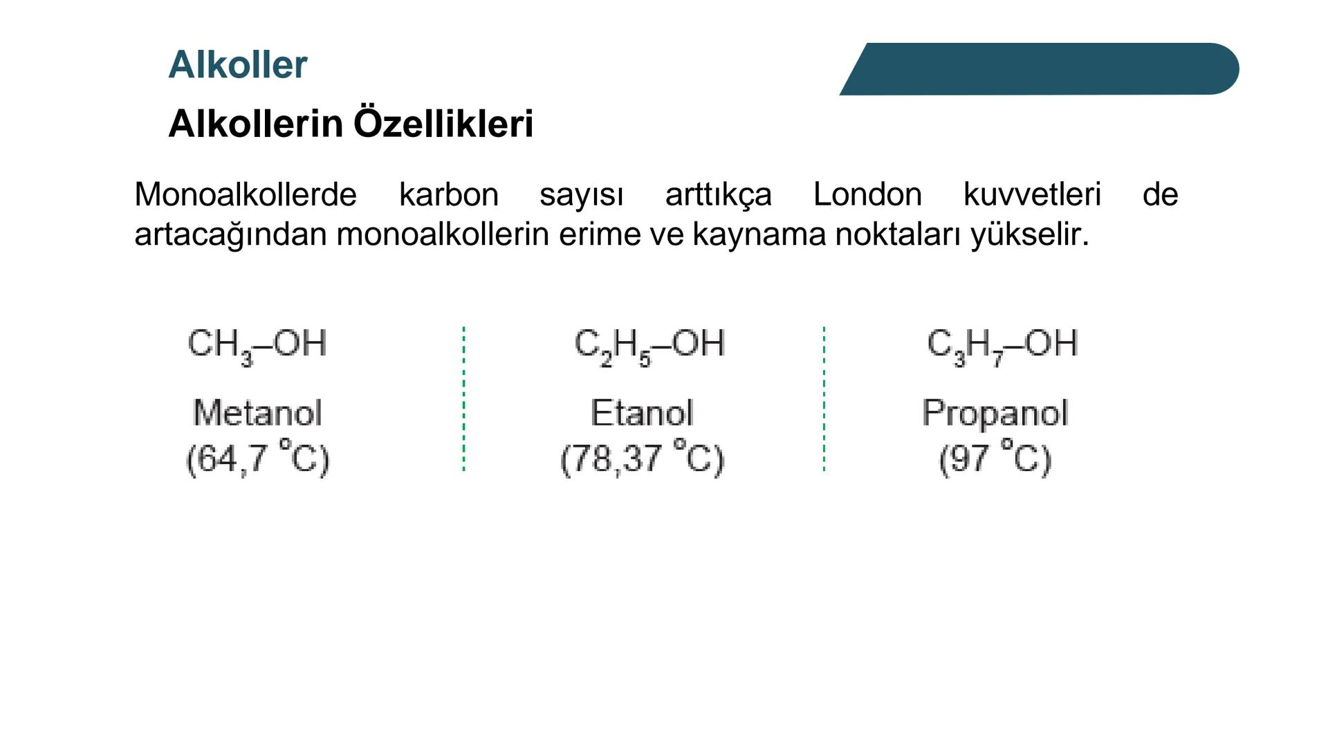 Alkoller
Alkollerin Genel Özellikleri ve Sınıflandırılması
Bir hidrokarbonda, sp³ hibritleşmesine sahip bir ya da birkaç karbon
atomuna hidr