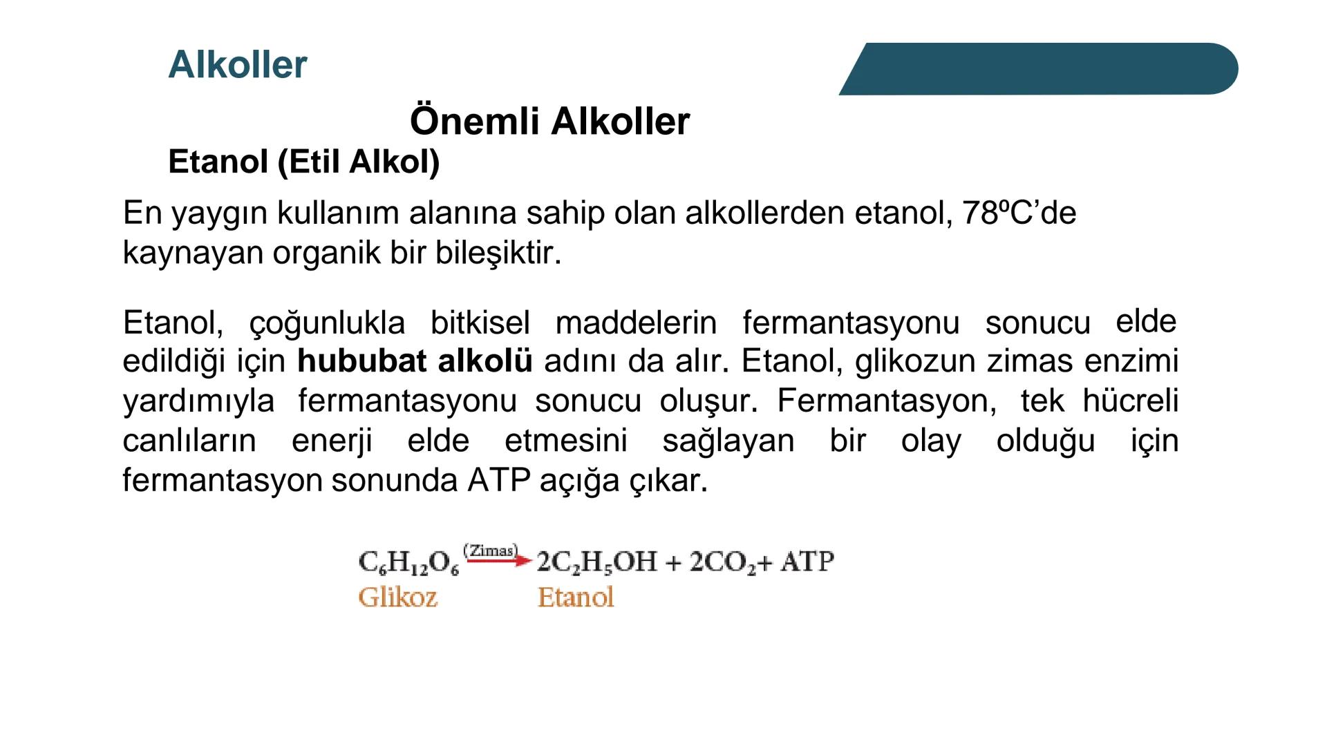 Alkoller
Alkollerin Genel Özellikleri ve Sınıflandırılması
Bir hidrokarbonda, sp³ hibritleşmesine sahip bir ya da birkaç karbon
atomuna hidr