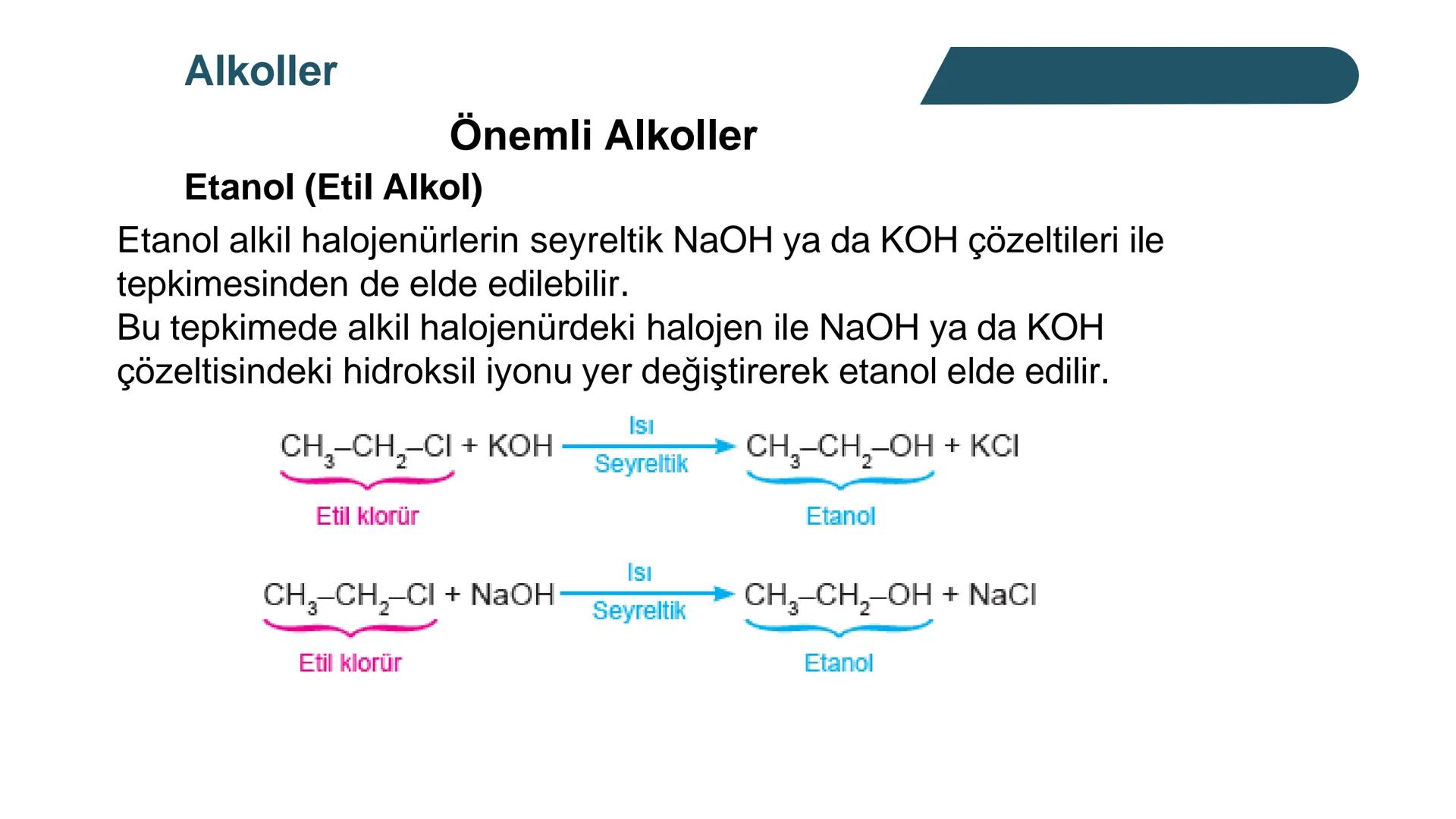 Alkoller
Alkollerin Genel Özellikleri ve Sınıflandırılması
Bir hidrokarbonda, sp³ hibritleşmesine sahip bir ya da birkaç karbon
atomuna hidr
