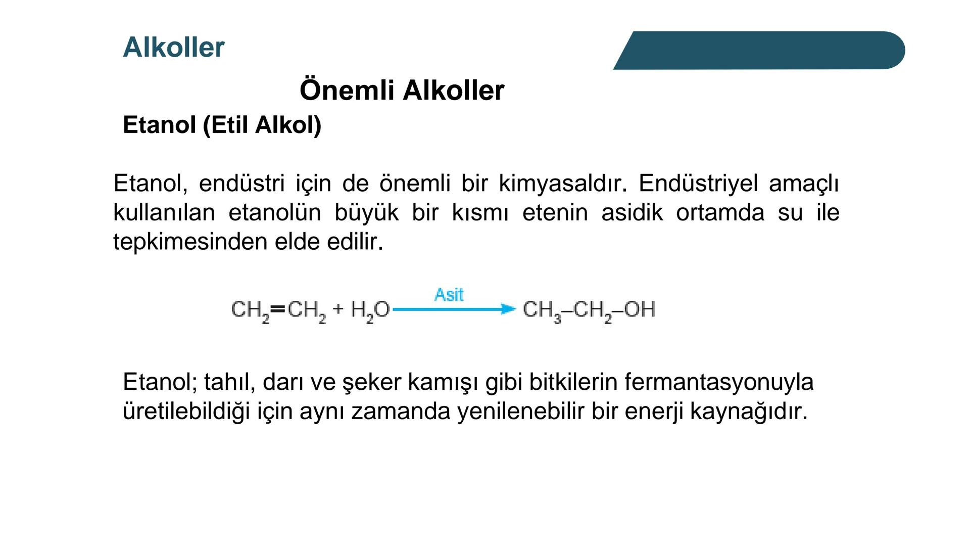 Alkoller
Alkollerin Genel Özellikleri ve Sınıflandırılması
Bir hidrokarbonda, sp³ hibritleşmesine sahip bir ya da birkaç karbon
atomuna hidr