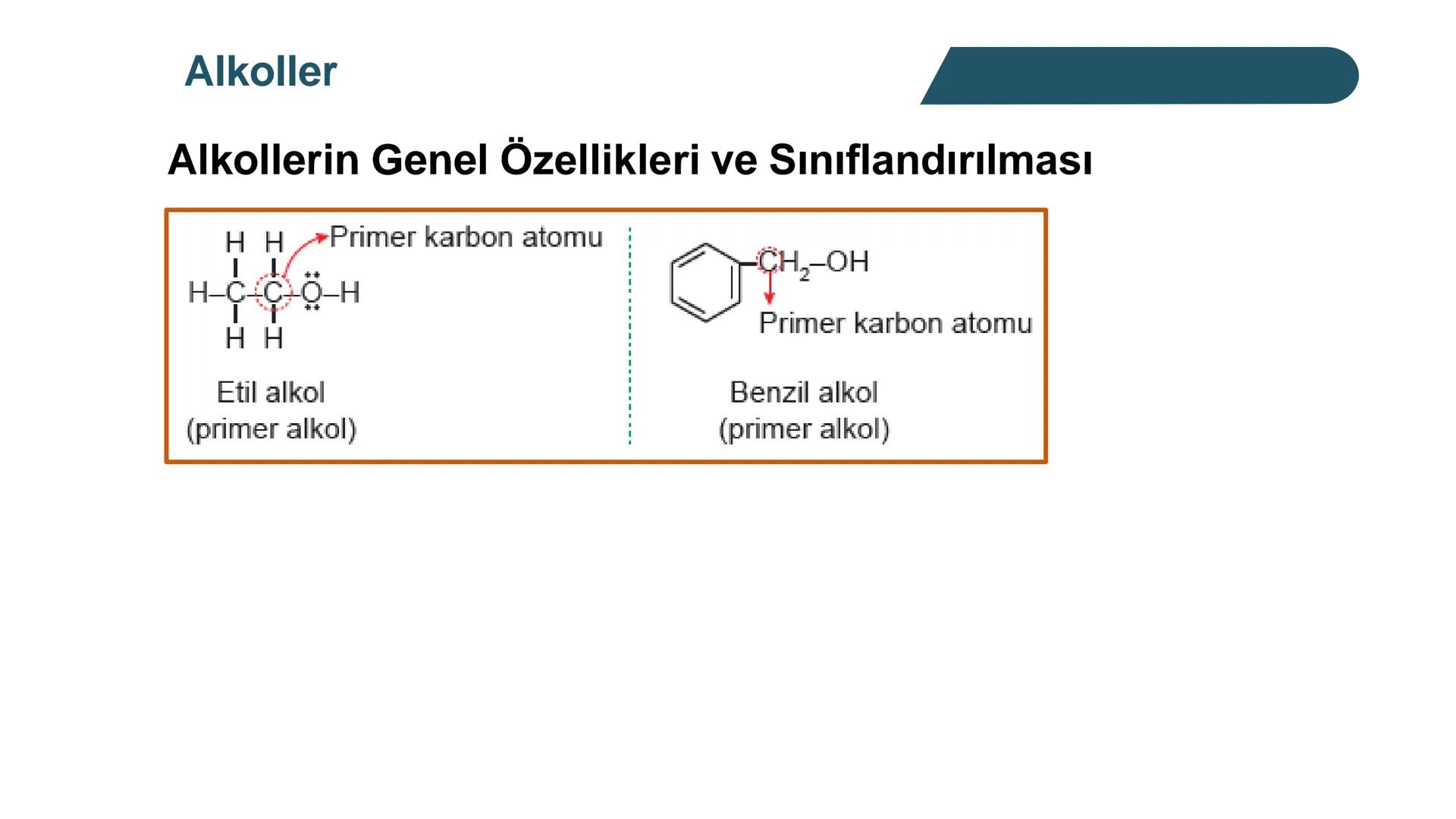 Alkoller
Alkollerin Genel Özellikleri ve Sınıflandırılması
Bir hidrokarbonda, sp³ hibritleşmesine sahip bir ya da birkaç karbon
atomuna hidr