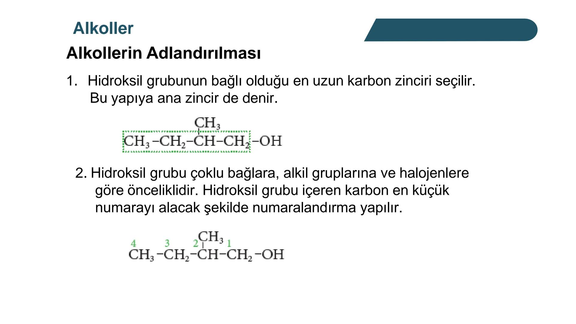Alkoller
Alkollerin Genel Özellikleri ve Sınıflandırılması
Bir hidrokarbonda, sp³ hibritleşmesine sahip bir ya da birkaç karbon
atomuna hidr