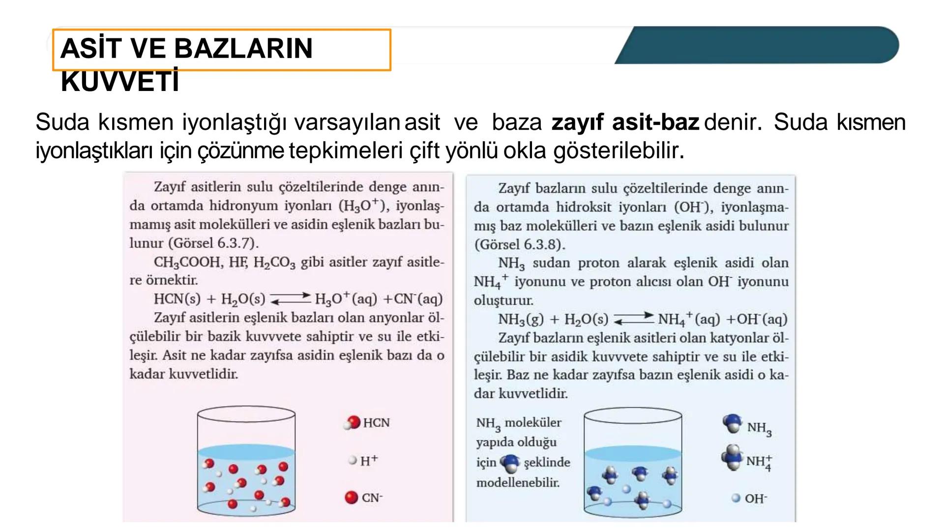 ASİT VE BAZLARIN
KUVVETİ
Asit ve bazların kuvveti suda iyonlaşma derecesine bağlıdır. Suda çözündüğünde
%100 iyonlaştığı varsayılan asit-baz