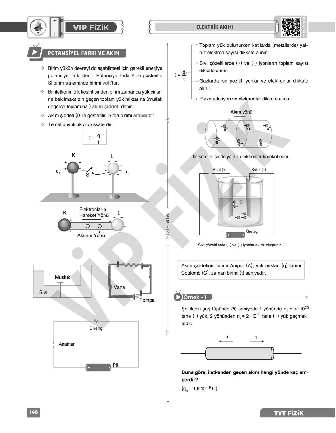 # VIP FİZİK
## POTANSİYEL FARKI VE AKIM
* Birim yükün devreyi dolaşabilmesi için gerekli enerjiye
potansiyel farkı denir. Potansiyel farkı