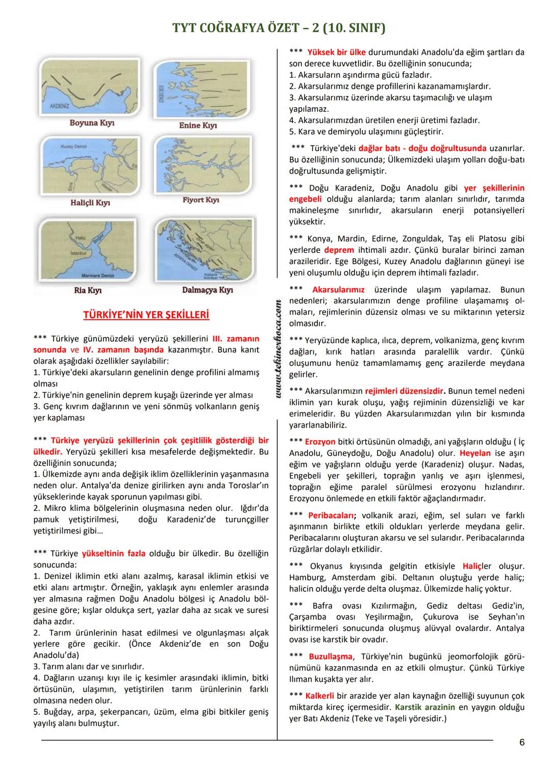 TYT COĞRAFYA ÖZET - 2 (10. SINIF)
YERİN YAPISI
Kara
Yoğunluk
3 g/cm³
Okyanus
Sial
Kabuk (Litosfer)
50km
5-6 g/cm³
10 g/cm³
15 glam
6370km
Ma
