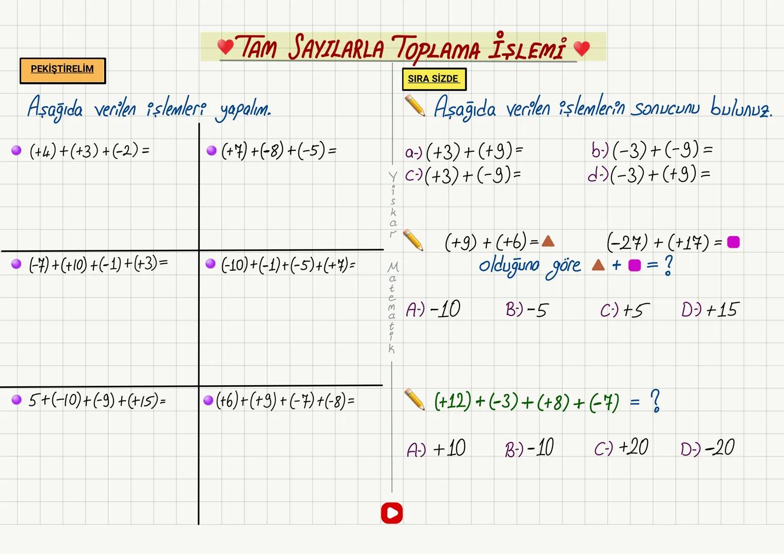 # TAM SAYILARLA TOPLAMA İŞLEMİ
NOT
PEKİŞTİRELİM
1 Aynı işaretli ise : Artı (Topla)
Ortak işaret
a-)
(+3)+(+7)
b.)
(+2) + (+9)
(+4) + (