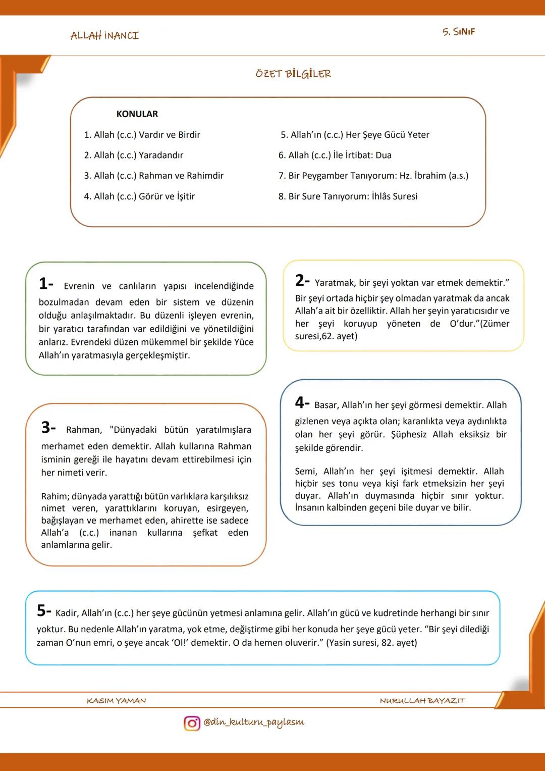 ALLAH INANCI
ÖZET BİLGİLER
5. SINIF
KONULAR
1. Allah (c.c.) Vardır ve Birdir
2. Allah (c.c.) Yaradandır
3. Allah (c.c.) Rahman ve Rahimdir
4