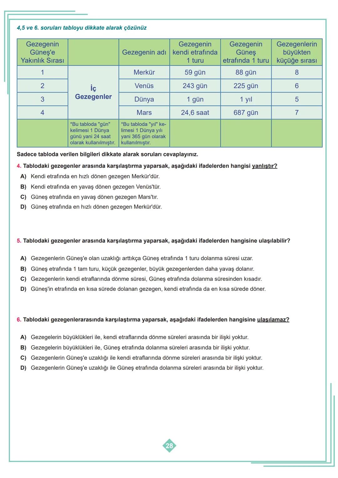 2. Yalçın Güneş sisteminde bulunan gezegenleri aşağıdaki gibi sıralamıştır.
Merkür
Venüs
Mars
Dünya
Jüpiter
Satürn
Uranüs
Neptün
Öğretmeni