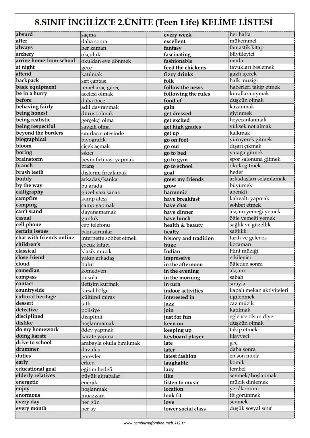 absurd
after
always
archery
8.SINIF İNGİLİZCE 2. ÜNİTE (Teen Life) KELİME LİSTESİ
sacma
daha sonra
her zaman
okçuluk
arrive home from school