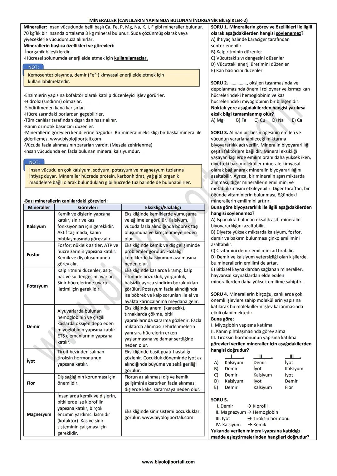 MİNERALLER (CANLILARIN YAPISINDA BULUNAN İNORGANİK BİLEŞİKLER-2)
Mineraller: İnsan vücudunda belli başlı Ca, Fe, P, Mg, Na, K, I, F gibi min