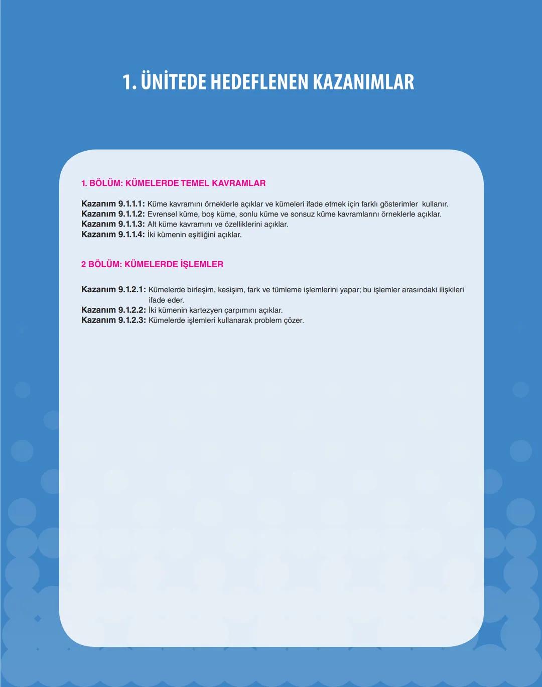 08
ey
ey
07
os
op
v
ÜNİTE 1
Kümeler
1. Bölüm: Kümelerde Temel Kavramlar
2. Bölüm: Kümelerde İşlemler
X9 MATEMATİK # 1. ÜNİTEDE HEDEFLENE