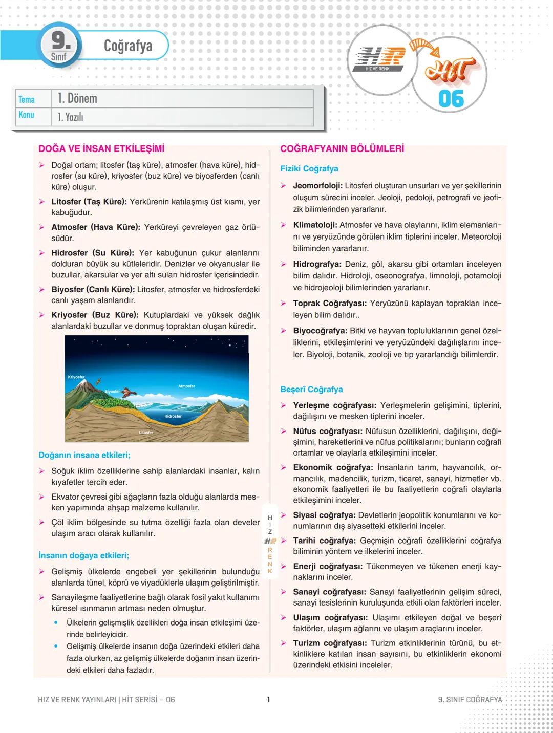 9.
Coğrafya
Sınıf
Tema
1. Dönem
Konu
1. Yazılı
HR
HIZ VE RENK
4
सा
06
DOĞA VE İNSAN ETKİLEŞİMİ
➤ Doğal ortam; litosfer (taş küre), atmosf