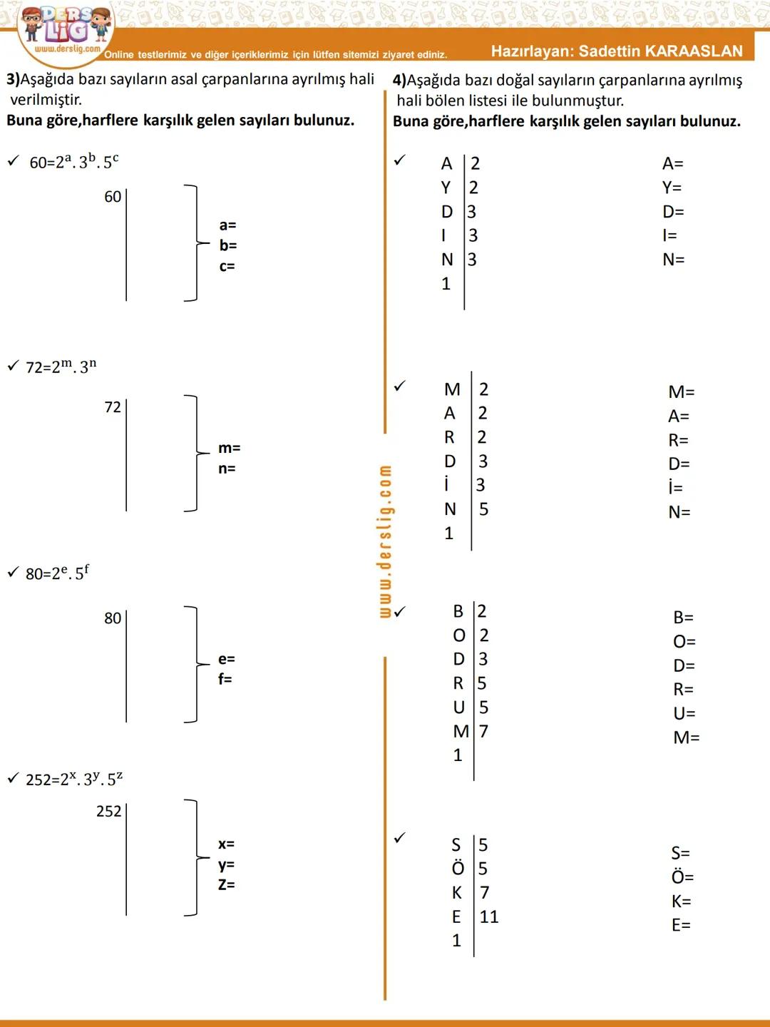 Hazırlayan:Sadettin KARAASLAN
MATEMATIK
DERS.
LIG
www.derslig.com
Asal Çarpanlarına Ayırma
1)Aşağıda verilen sayıları bölen listesinden yara