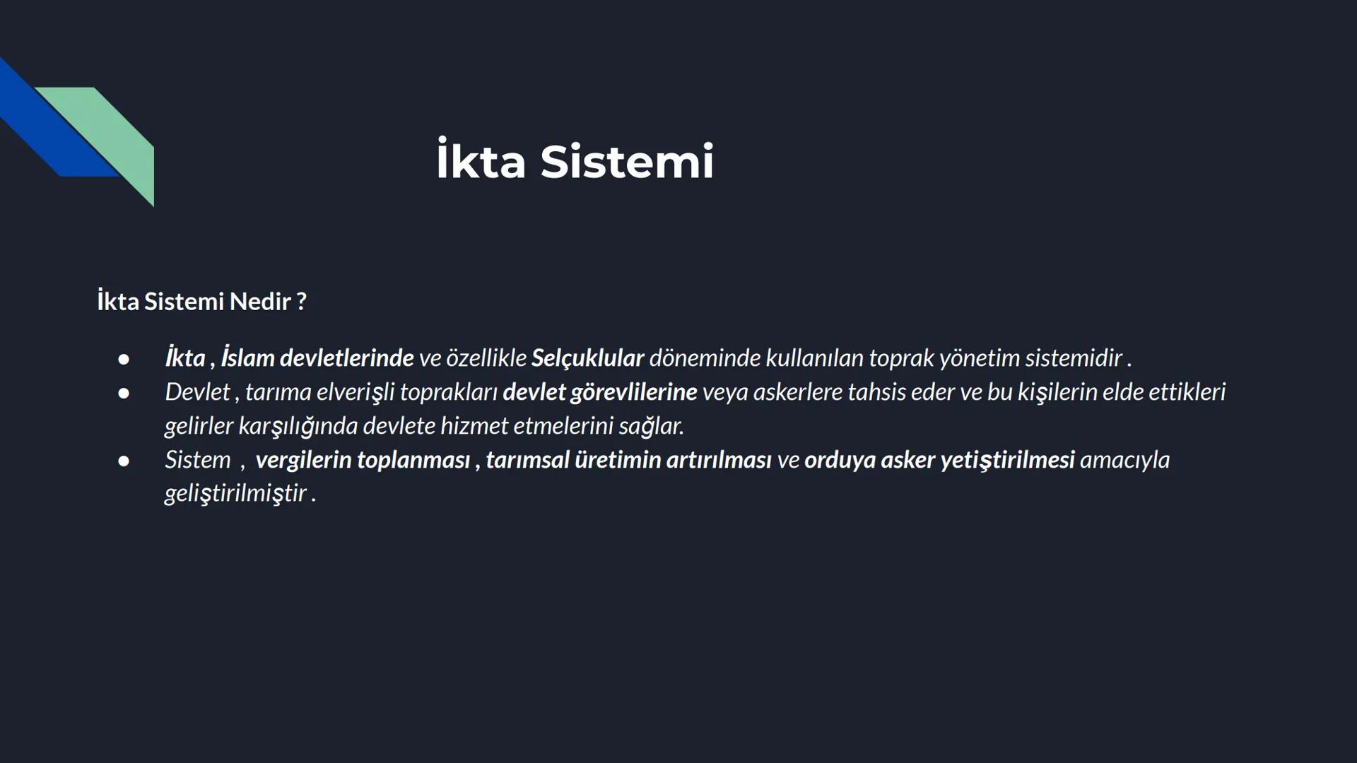 # İkta Sistemi
Ve Bu Sistemin Tarımsal
Üretime Katkıları
10. Sınıf Tarih # İkta Sistemi
İkta Sistemi Nedir?
* İkta, İslam devletlerind