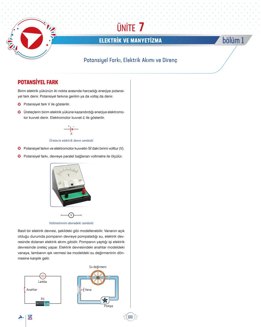 ÜNİTE 7
ELEKTRİK VE MANYETİZMA
Potansiyel Farkı, Elektrik Akımı ve Direnç
POTANSİYEL FARK
Birim elektrik yükünün iki nokta arasında harcadığ