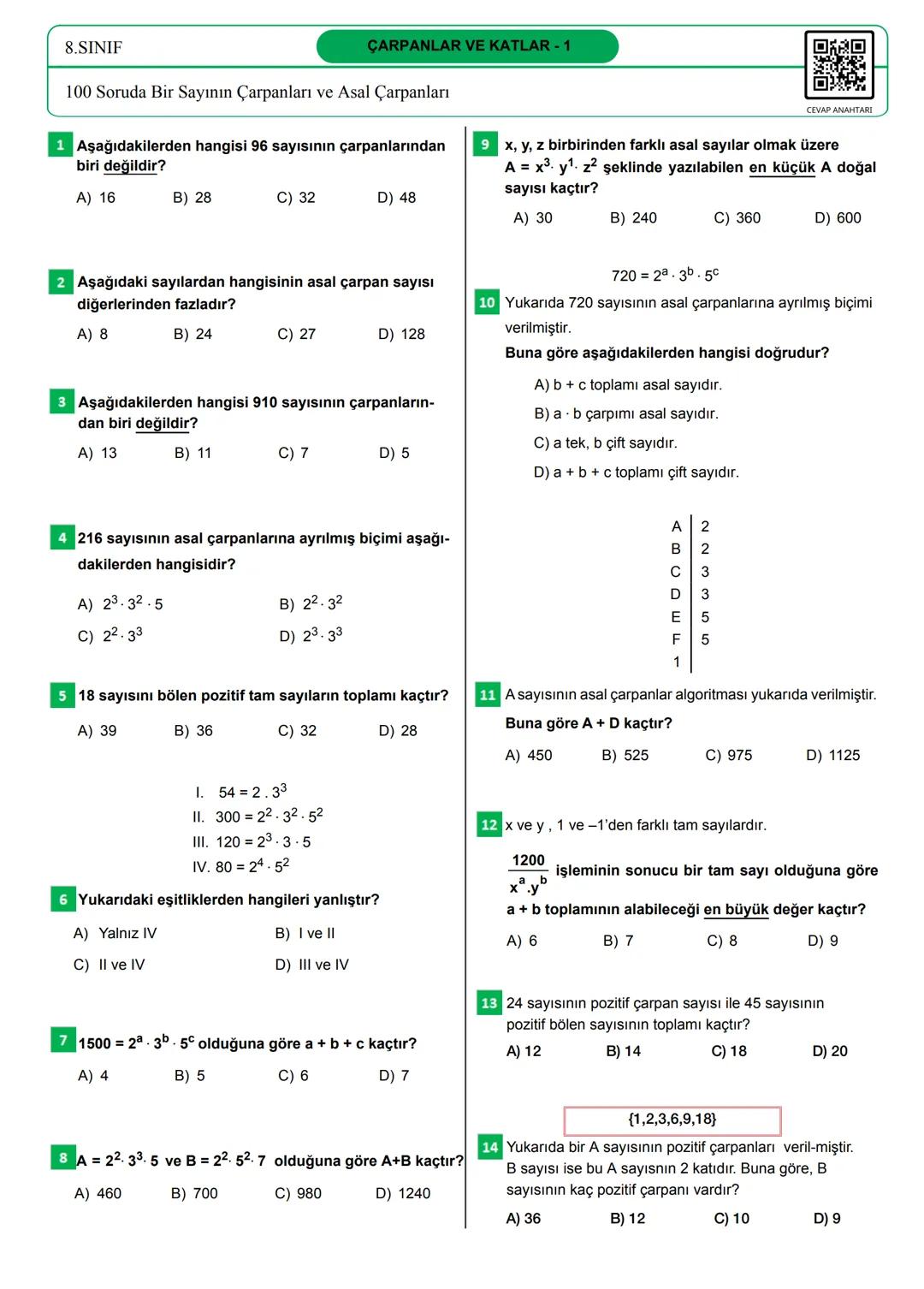 100s SORUDA
BİR DOĞAL SAVININ
ÇARPANLARI
VE
ASAL ÇARPANLARI
OMO
回退
CEVAP ANAHTARI
OPTİK FORM
Bu testteki sorular internet üzerinde yayınlana