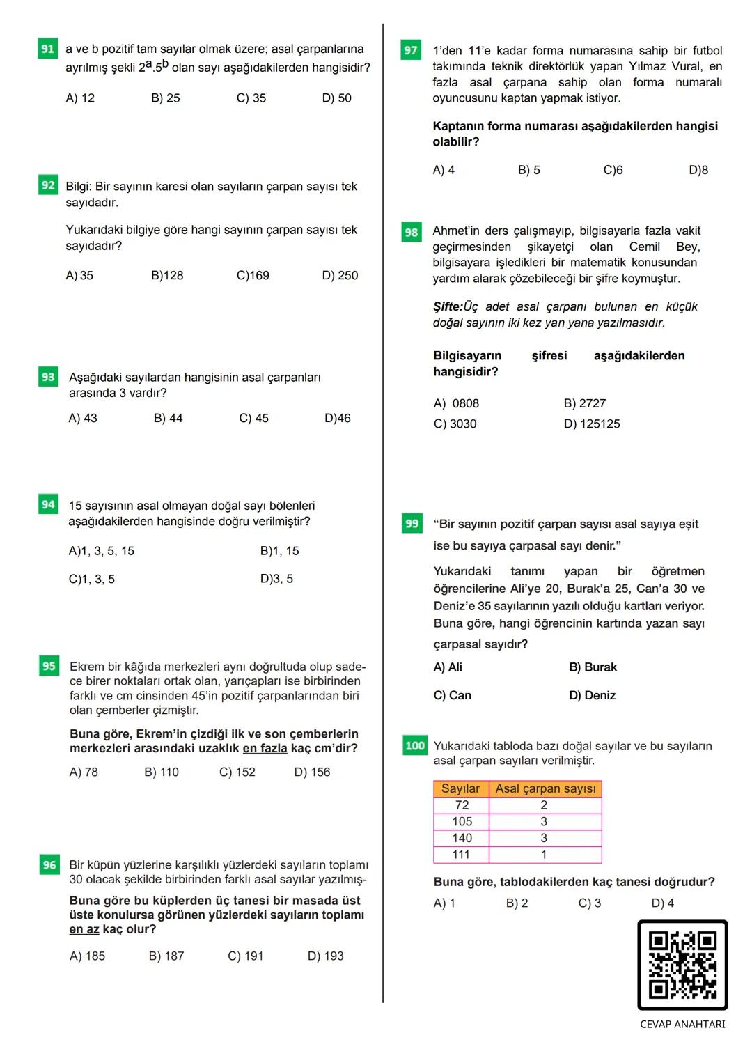100s SORUDA
BİR DOĞAL SAVININ
ÇARPANLARI
VE
ASAL ÇARPANLARI
OMO
回退
CEVAP ANAHTARI
OPTİK FORM
Bu testteki sorular internet üzerinde yayınlana