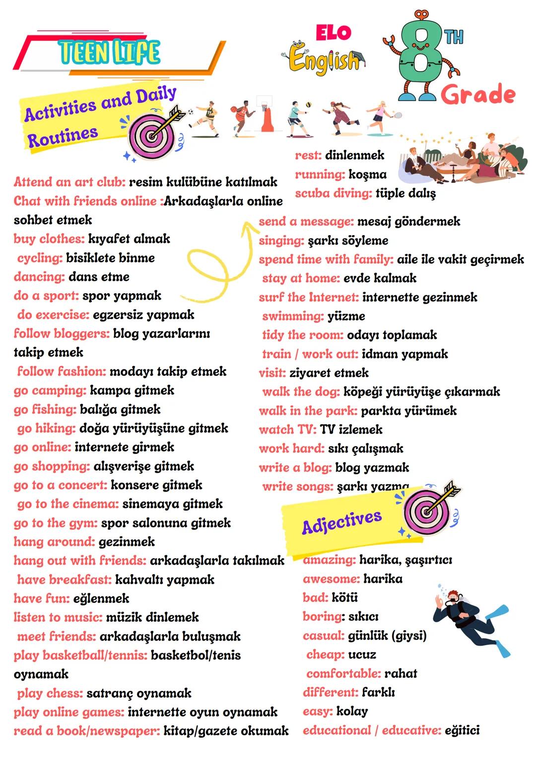 TEEN LIFE
Activities and Daily
Routines
Attend an art club: resim kulübüne katılmak
Chat with friends online :Arkadaşlarla online
sohbet etm