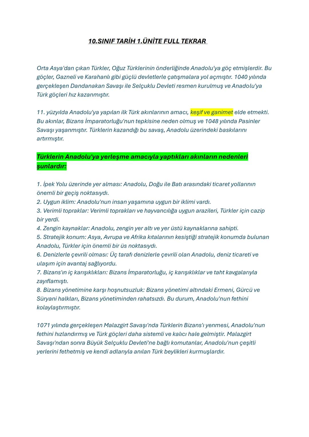 # 10.SINIF TARİH 1. ÜNİTE FULL TEKRAR
Orta Asya'dan çıkan Türkler, Oğuz Türklerinin önderliğinde Anadolu'ya göç etmişlerdir. Bu
göçler, Gaz