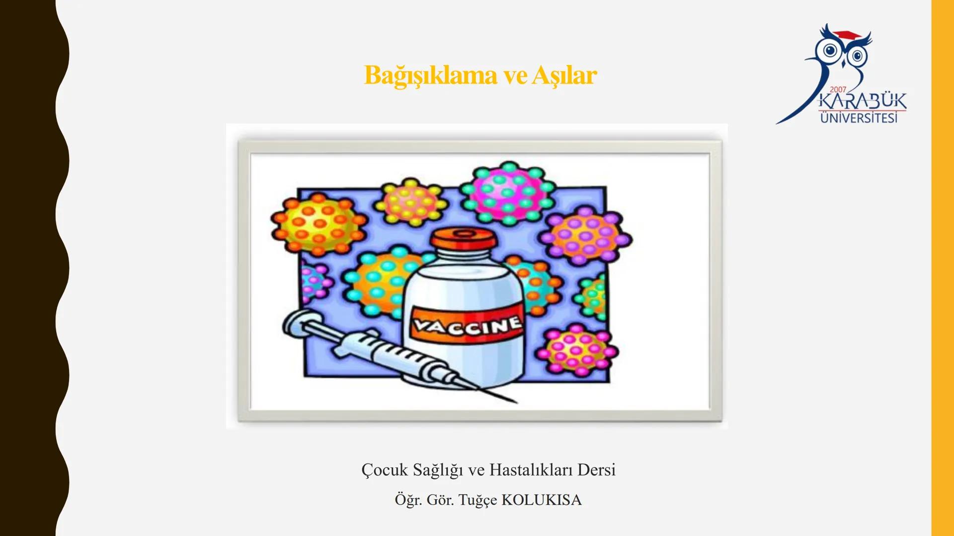 Bağışıklama ve Aşılar
2007
KARABÜK
ÜNİVERSİTESİ
VACCINE
Çocuk Sağlığı ve Hastalıkları Dersi
Öğr. Gör. Tuğçe KOLUKISA Bağışıklık
•
•
İnsan vü