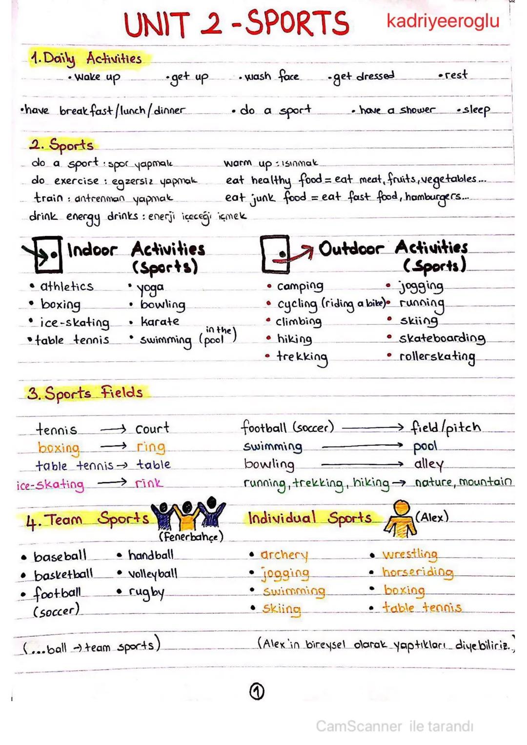UNIT 2-SPORTS
1.Daily Activities
kadriyeeroglu
rest
• Wake up
•get up
• wash face
get dressed
•
do a sport
• have a shower
sleep
•have break
