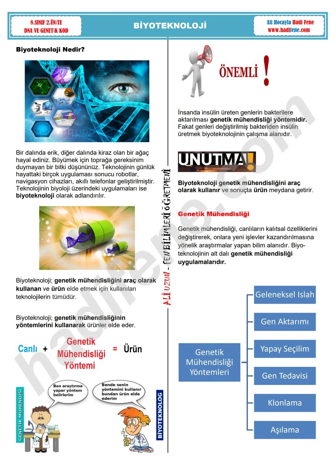 8.SINIF 2. ÜNİTE
DNA VE GENETIK KOD
BİYOTEKNOLOJİ
Biyoteknoloji Nedir?
Ali Hocayla Hadi Fene
www.hadifene.com
Bir dalında erik, diğer da