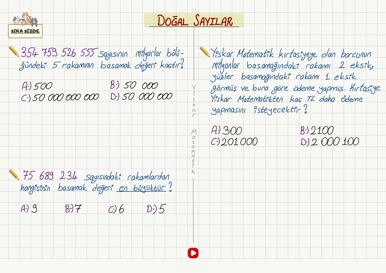 - SAYI DEĞERİ
NOT
Basamakla işin yok.
Sayın neyse sayı değerin odur
"Ne görüyorsan o"
704 354 728 916 Değeri
DOĞAL SAYILAR
Sayı
Y
isk