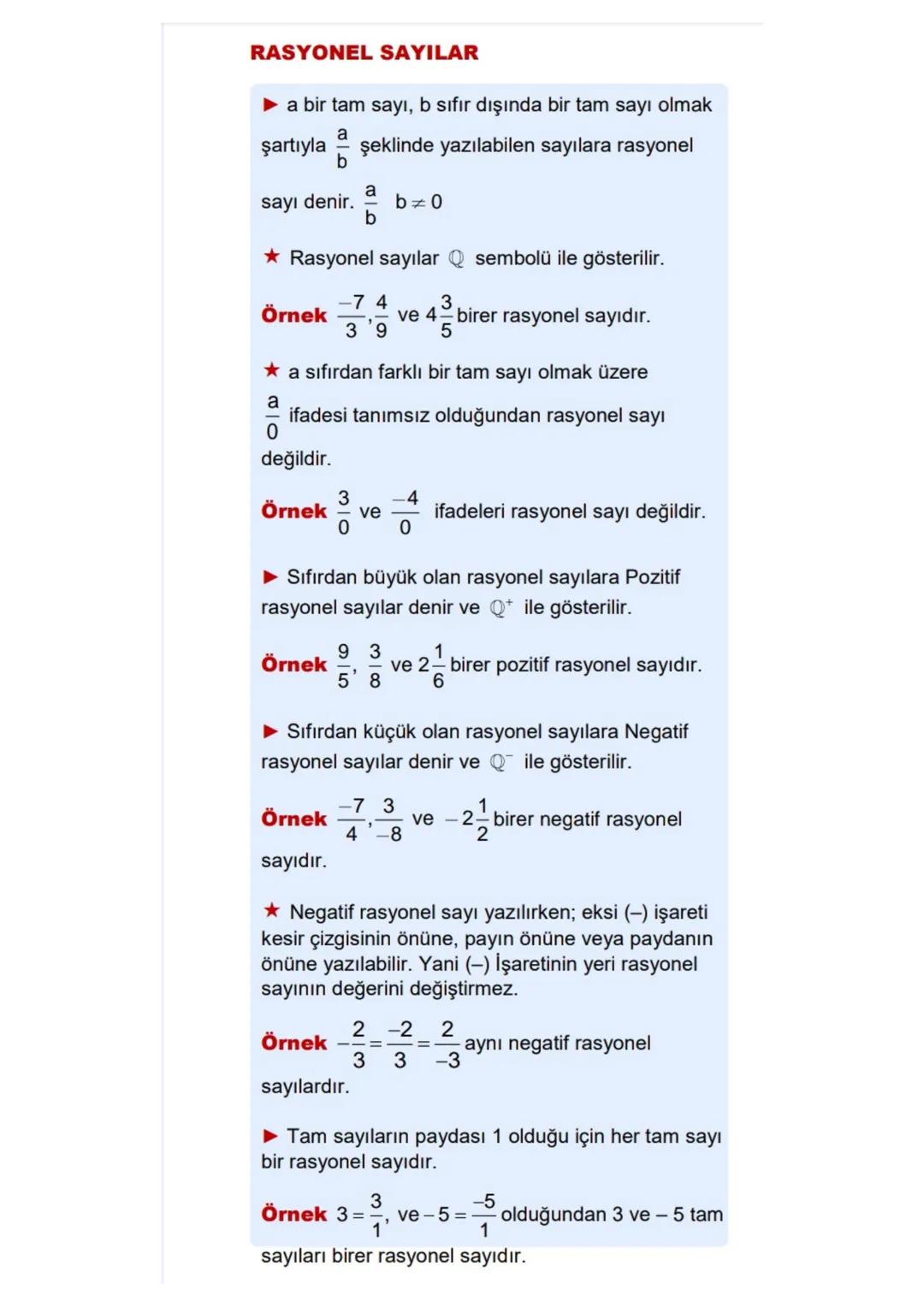 # RASYONEL SAYILAR
►a bir tam sayı, b sıfır dışında bir tam sayı olmak
$
şartıyla \frac{a}{b} şeklinde yazılabilen sayılara rasyonel
$
sayı
